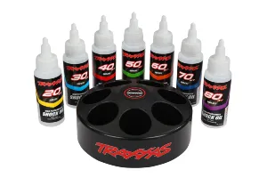 Shock oil set (includes 20 wt, 30 wt, 40 wt, 50 wt, 60 wt, 70 wt, & 80 wt premium shock oils with spinning carousel rack)
