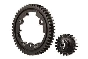 Spur gear, 50-tooth (machined, hardened steel) (wide-face)/ gear, 20-T pinion (1.0 metric pitch) (fits 5mm shaft)/ set screw